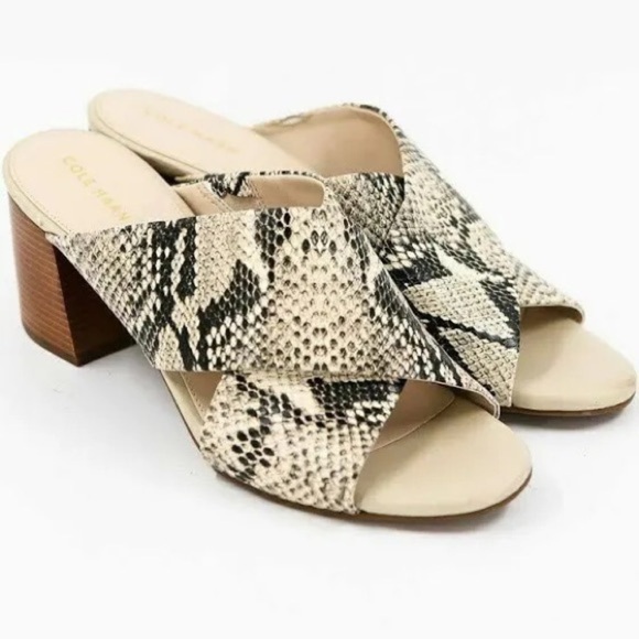 Cole Haan Dakota Tan & Black Snakeskin Wood Block Heel Slide Mule Sandals - Picture 1 of 6